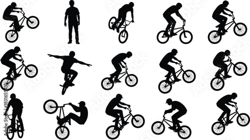 Black Silhouettes of BMX Riders Performing Tricks – Vector Set for Extreme Sports, Stunt Graphics, and Athletic Motion Design Projects