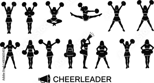 Black Silhouettes of Cheerleaders with Pom-Poms – Vector Set Featuring Dance Poses, Spirit Icons, and Athletic Performance for Sports Design