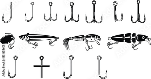 Black Silhouettes of Fishing Hooks and Lures – Vector Set Featuring Tackle Designs for Angling, Outdoor Sports, and Recreational Fishing Use
