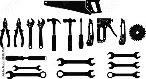 Black Silhouettes of Hand Tools for Construction, Carpentry, and Mechanical Work – Vector Set on White Background for Design Use