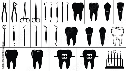 Black Silhouettes of Dental Tools and Tooth Icons – Vector Set for Oral Care, Hygiene, and Medical Design Applications