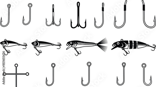 Black Silhouettes of Fishing Hooks and Lures – Vector Set Featuring Tackle Designs for Angling, Outdoor Sports, and Recreational Fishing Use