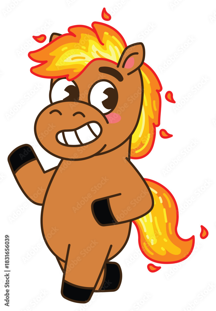 Obraz premium A charming, stylized cartoon horse with a vibrant, fiery mane and tail, shown in a friendly pose, waving its hoof. Chinese New Year, Year of the Fire Horse Retro Mascot Clip Art.