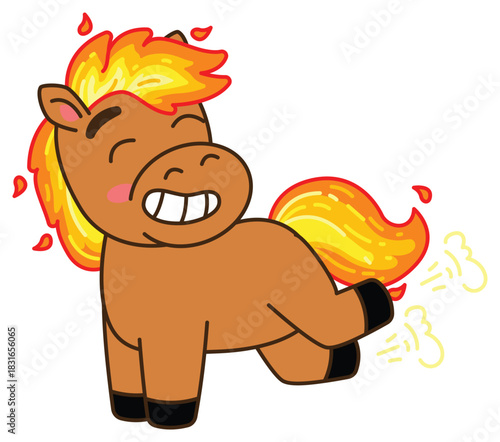 A humorous cartoon illustration of a brown horse with a bright orange and yellow mane and tail that appear to be on fire. Chinese New Year, Year of the  Fire Horse Retro Mascot Clip Art.