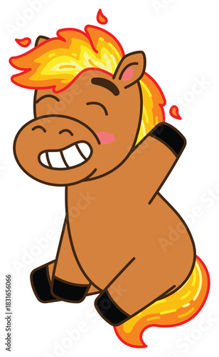 A charming illustration of a happy cartoon horse with a vibrant, fiery mane and tail, sitting and waving. Chinese New Year, Year of the  Fire Horse Retro Mascot Clip Art.