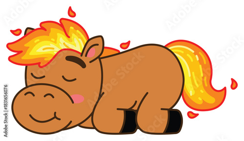 A charming cartoon illustration of a brown horse with a vibrant, fiery mane and tail, depicted in a relaxed sleeping pose. Chinese New Year, Year of the  Fire Horse Retro Mascot Clip Art.