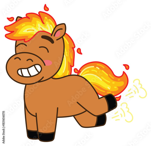 A humorous cartoon illustration of a brown horse with a bright orange, fiery mane and tail, depicted with a wide grin and emitting smoke from its rear. Chinese New Year, Year of the  Fire Horse Retro 
