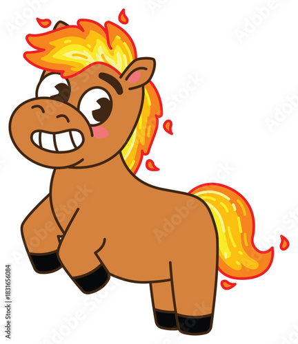 A charming illustration of a happy, cartoon horse with a mane and tail that appear to be on fire, conveying a sense of energy and fun. Chinese New Year, Year of the  Fire Horse Retro Mascot Clip Art.