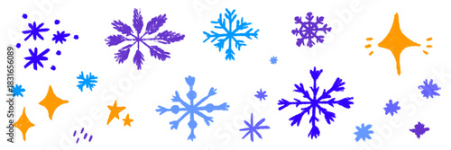Christmas snowflake set with crayon sketch marks and chalk grit, giving a snowy feel. Each snowflake blends crayon detail and chalk texture for authentic snow charm.
