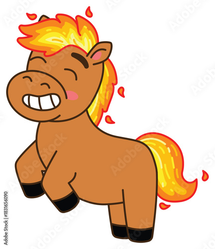 A charming illustration of a happy, cartoon horse with a vibrant, fiery mane and tail, depicted in a playful pose. Chinese New Year, Year of the  Fire Horse Retro Mascot Clip Art.