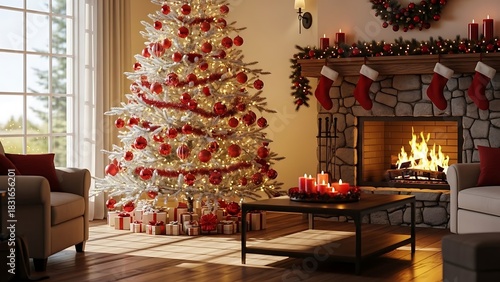 Cozy Christmas Ambiance Lit Tree and Fireplace Scene