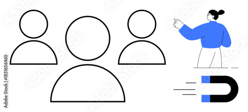 Abstract team outline with person pointing towards a magnet symbolizing attracting customers. Ideal for teamwork, engagement, networking, recruitment, branding, leadership, marketing strategy. A