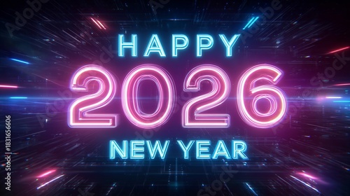 Happy New Year banner in futuristic neon vector style, hologram light, cyberpunk gradient, geometric vector shards, high-tech atmosphere