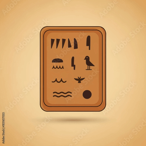 Rectangular tablet with rounded corners displaying various egyptian hieroglyphic symbols.