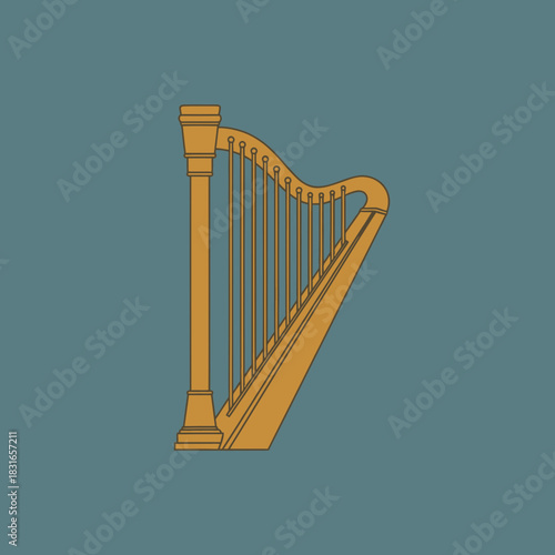 A golden harp with strings is displayed in the center.