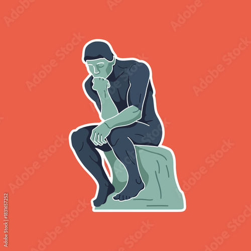 Man sits on rock hand to chin in thoughtful pose.