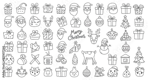 Cute Hand Drawn Christmas Doodle Icons Set - Holiday Vector Outline Elements with Santa, Gifts & Trees