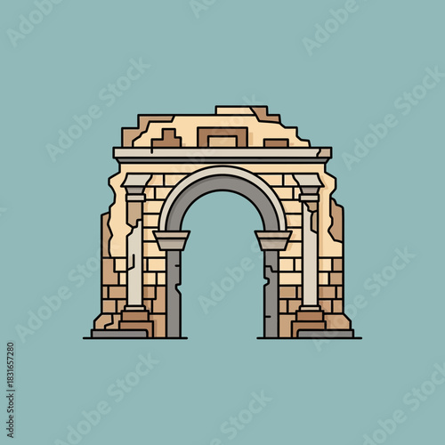 Stone archway with damaged top structure and brickwork columns is displayed.