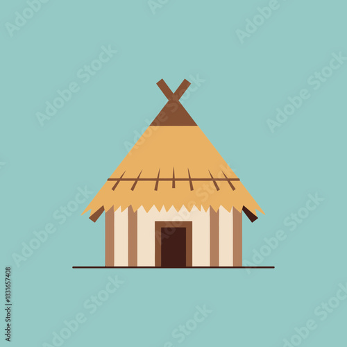 A simple hut with a thatched roof and a dark brown door.