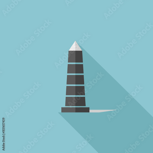 Flat design illustration of a gray lighthouse with a white top.