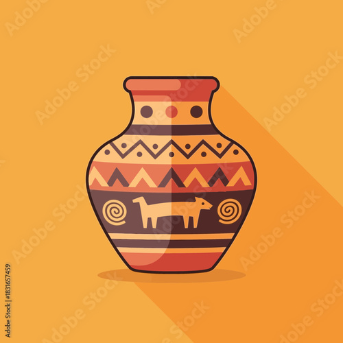 A decorated vase features geometric patterns a stylized animal and spiral designs.