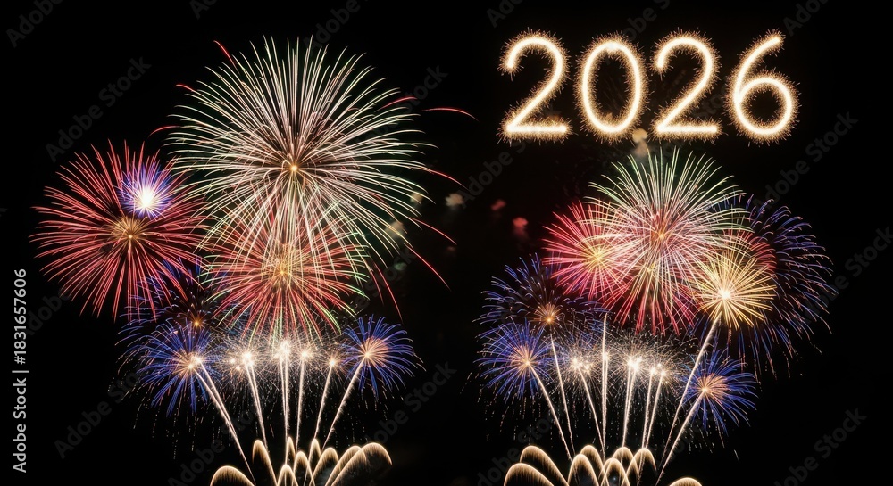 Fototapeta premium Bright fireworks display celebrating the year 2026