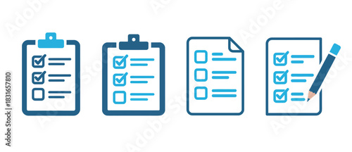 Four icons of clipboards with checklists and one with a pencil, representing tasks and organization.