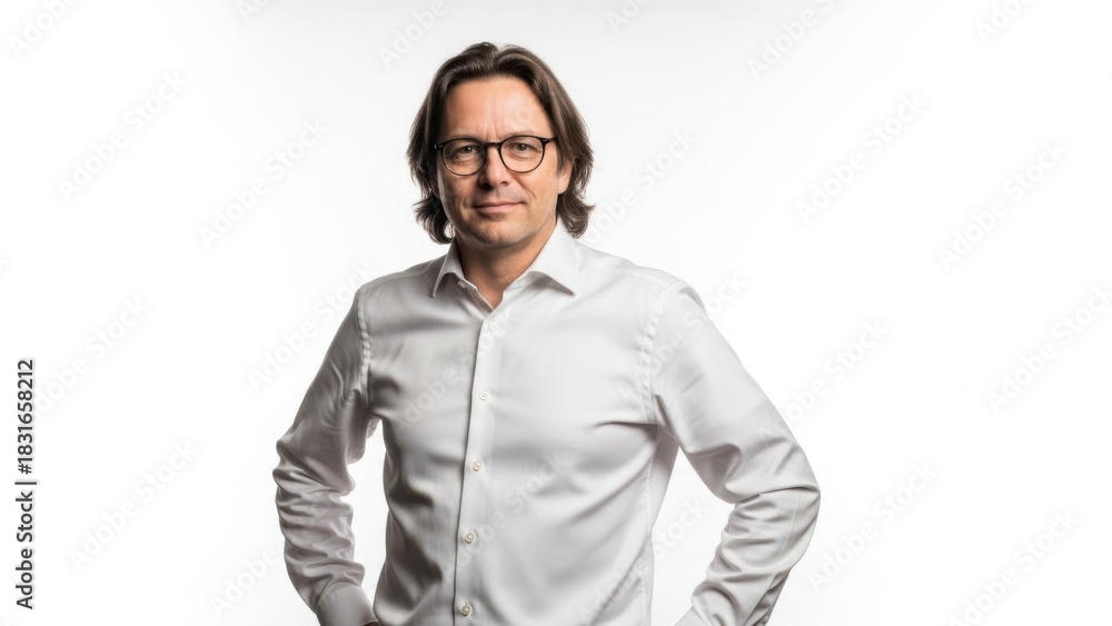Obraz premium Man with glasses wearing a white shirt standing against a white background