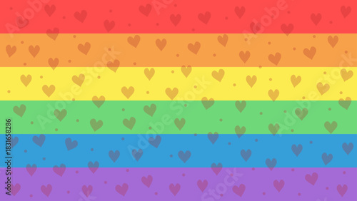 Horizontal rainbow stripes with overlay of hearts and dots, symbolizing love, and diversity. LGBTQ+ pride background.
