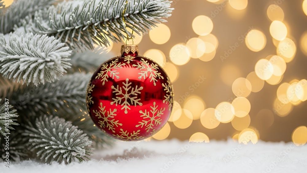 Obraz premium Frosted pine branches cradle a bright red ornament adorned with sparkling gold snowflakes while warm bokeh lights illuminate the background, adding a cozy and elegant seasonal feel.