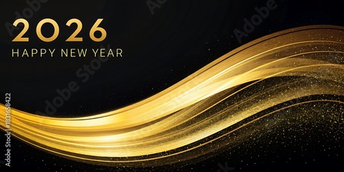 Elegant golden wave design celebrating the arrival of the year 2026 with a happy new year message on a dark background