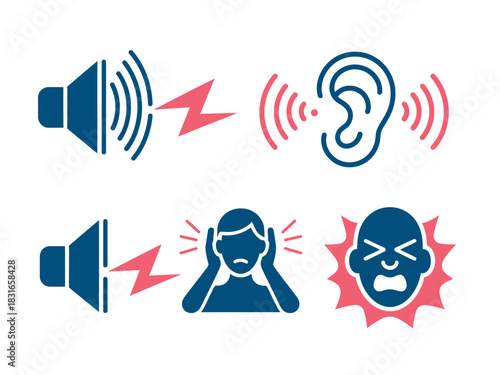 Icons illustrate the impact of loud noise and sound waves on the human ear and a distressed person.