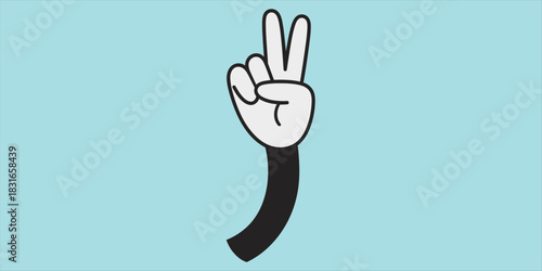 Cartoon peace sign glove, white glove hand, black sleeve, victory gesture, animation style, playful icon, flat vector illustration