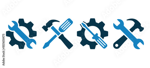 A row of four icons depicting tools and gears, representing repair and industry.