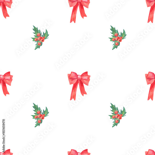 Seamless watercolor pattern with red bows and Christmas berries