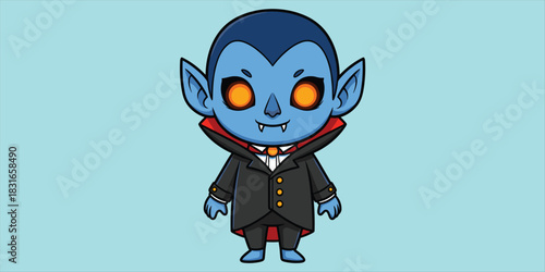 Cartoon vampire character, blue skin, glowing orange eyes, black suit, red cape, Halloween theme, flat vector illustration