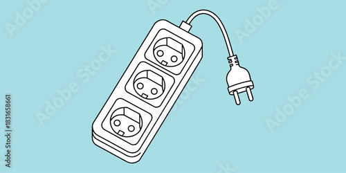 European power strip line art, three socket extension, electrical plug, home accessory, black white drawing, flat vector illustration
