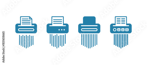 Four blue icons of paper shredders are depicted against a white background.