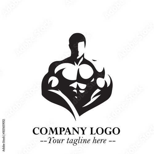 Man With Muscle Logo Symbol in Black on White Background for Strong Bold Fitness Branding Design Art