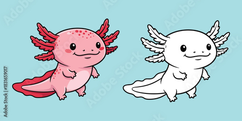 Cartoon axolotl duo, pink and line art, smiling amphibian, coloring activity, kids biology theme, flat vector illustration