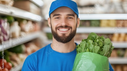 Friendly Grocery Delivery Courier in Blue Uniform Handing Eco friendly Bag of Groceries to Smiling Customer in Supermarket or Store