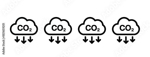 Four stylized clouds with 'CO2' inside and downward arrows indicating emission or fallout.