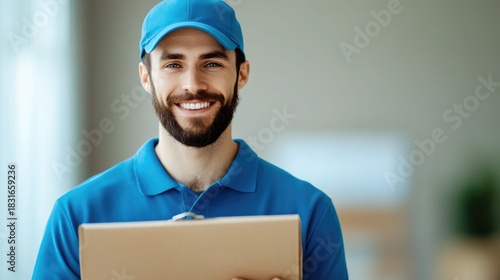 Smiling Courier in Blue Uniform Holding Clipboard and Package Confirming Successful Delivery to Satisfied Customer