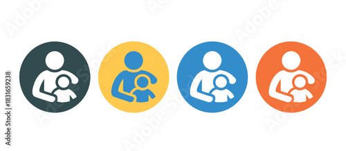 Four colorful icons depict an adult figure with an arm around a child figure, symbolizing family and care.