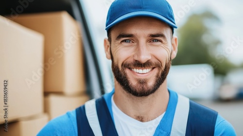 Smiling Delivery Driver in Blue Cap Unloading Boxes from Van in Commercial Urban Area Providing Professional Cargo Transportation and Logistics Services