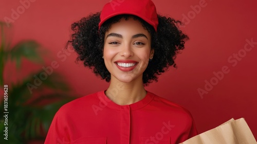 Friendly and Welcoming Female Courier in Red Uniform Delivering Large Shopping Bag to Satisfied Customer Showcasing Positive Customer Service and E commerce Retail Experience