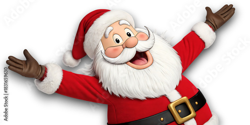 Jolly santa claus in his iconic red suit with a white beard and hat arms outstretched in a welcoming gesture against a black background