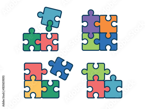Four sets of colorful puzzle pieces are shown in various stages of assembly against a white background.