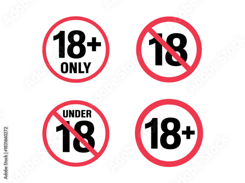 Four circular signs display age restrictions with the number 18, indicating content for adults only or prohibited for minors.