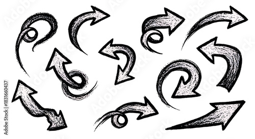 Hand Drawn Grunge Arrows Collection - Sketchy Black Chalk & Charcoal Pointers Set